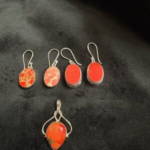 Orange sea sediment earrings and pendant set